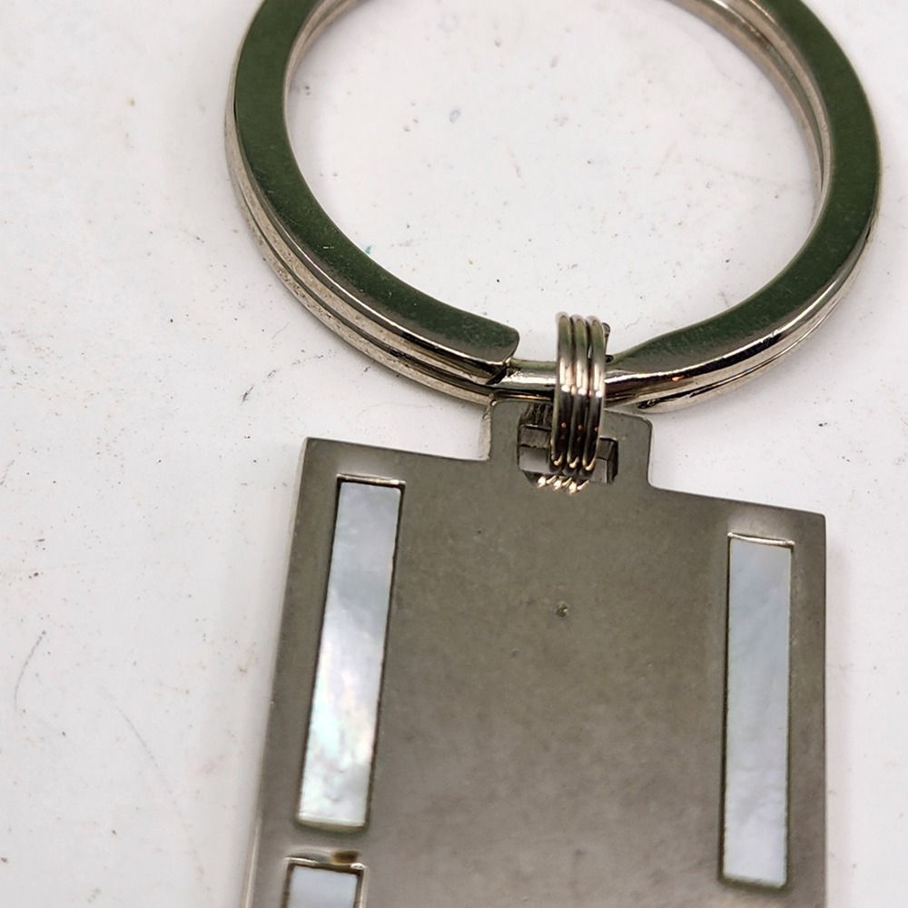 Iridescent Shell Inlay Silver Tone Rectangular Keychain Geometric Modernist Tag - Picture 4 of 7